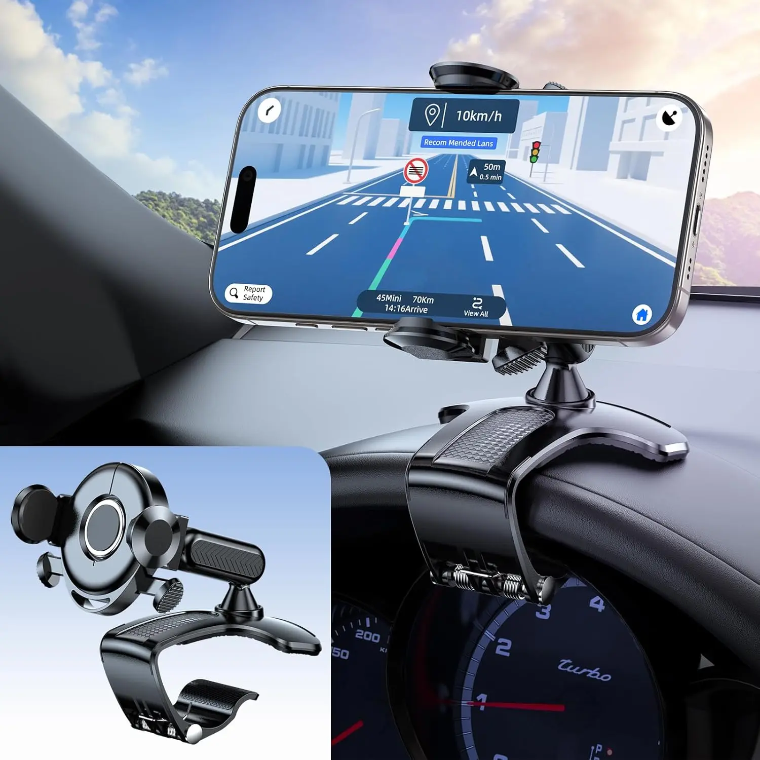 2025 Upgraded Universal 360?Dashboard Phone Mount - Multi-Functional Visor/Rearview Rotating  Holder for 4-7" Phones, One-Handed Operation Adjustable Clamp Holder (Black)