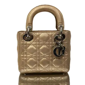 Pre-owned Leather Shoulder Bags Dior Christian Metallic Lambskin Cannage Mini Lady Dior Gold