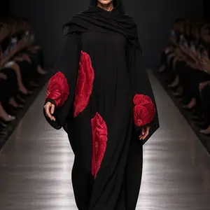 Black Elegant abaya with red flowers
