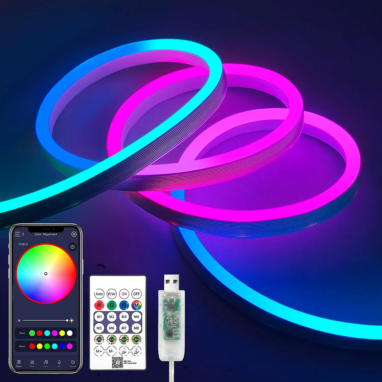 4th of July Party Decor RGBIC,Neon Light Strip, Bluetooth APP Controlled LED Mood Lighting with Music Sync &Remote Control, USB Powered Lights for Bedroom, Gaming Room & Party Decor