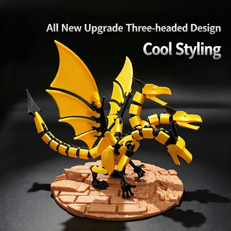 3D Printed 3-Head Dragon Action Figure, Articulated Joints, Movable Wings & Tail, Creative Desk Toy, Perfect for Collectors and Kids, Collectible Figurine, Collectible Figures