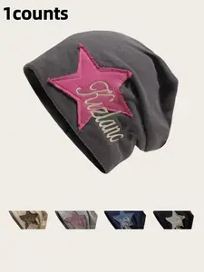 Star-Patched Letter Embroidery Knitting Beanie Hat, Cute Beanie Hat for Women & Men, Fashion Accessories for Daily Wear, Trendy All-match & Exquisite Hat for Birthday Gift, Star Cap