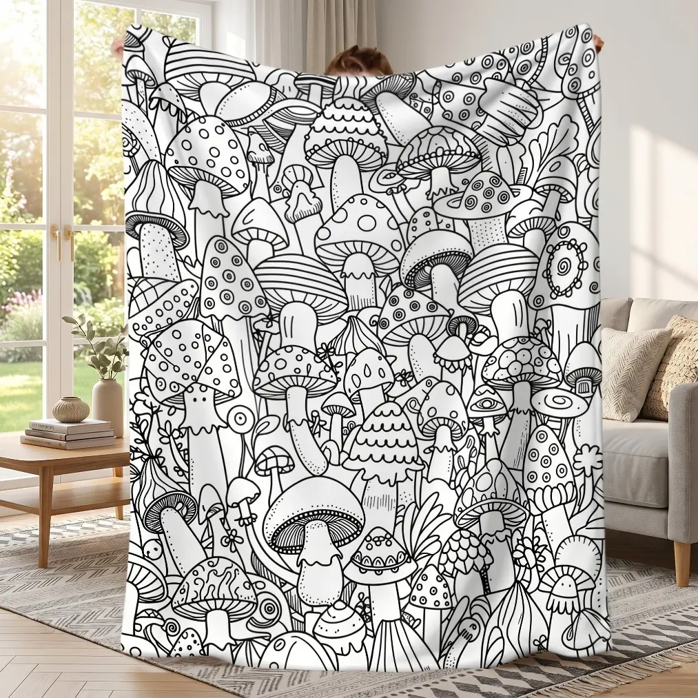 Mushroom Graffiti Coloring Blanket, 2D Flat Soft Plush Throw, All-Season Cozy Fluffy Blanket with Coloring Fun for Adults & Kids