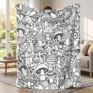 Mushroom Graffiti Coloring Blanket, 2D Flat Soft Plush Throw, All-Season Cozy Fluffy Blanket with Coloring Fun for Adults & Kids
