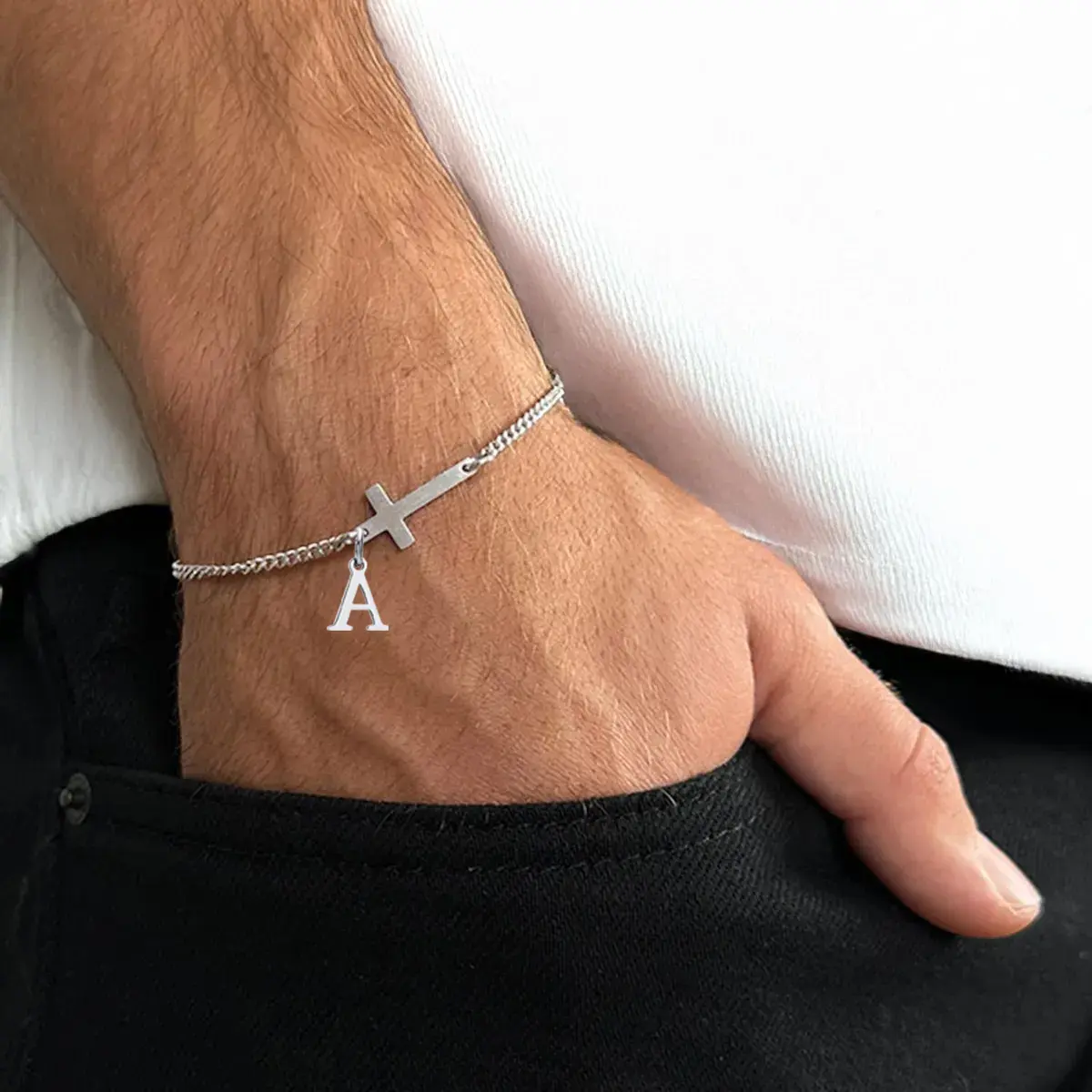 Christian faith jewelry for men and women, stainless steel cross and initial A charm bracelet