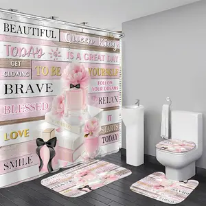 4Pcs Shower Curtain Set Pink Fashion Floral Bathroom Decor Inspirational Quotes Bathroom Shower Curtain with Rugs and Accessories Girly Perfume Bathroom Set