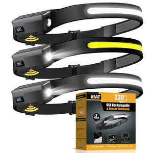 BIAT LED Headlamp Rechargeable 3PCS, 230° Wide Beam Headlight with Motion Sensor, 90° Rotation and Removable Head Lights for Forehead, 5Mode Head Lamp for Adults, Camping Essentials Gear for Hiking