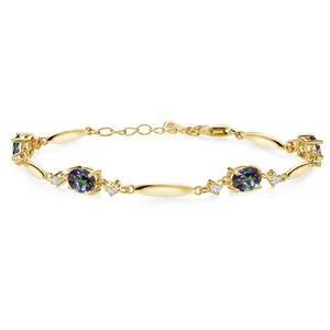 18K Yellow Gold Plated Silver Gemstone Birthstone Tennis Bracelet For Women | Oval 7X5MM and 2MM Round Accent Stones | 6 Inch + 1 Inch Extender | Fine Jewelry for Her Mom Wife