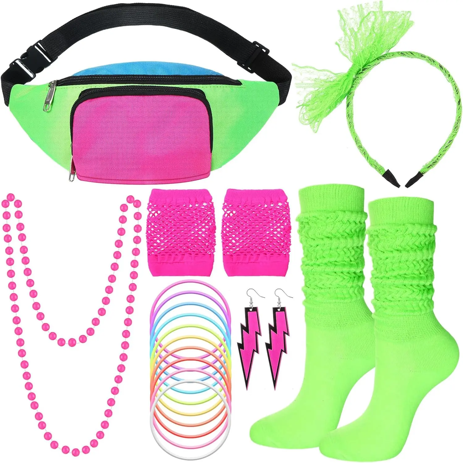 19 count 80s Costume Accessories Set Neon Retro 80s Fanny Pack Hairband Fishnet Gloves Bracelet Earrings Necklace Socks