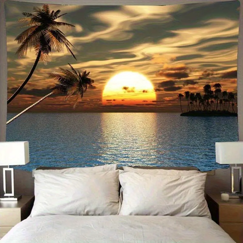 1pc Seaside Sunset Tapestry - Polyester Peach Light Beige Velvet Wall Hanging with Tropical Beach Palm & Ocean View, Perfect for Bedroom, Living Room, or Outdoor Decor, No Electricity Needed, Beach Theme Decor