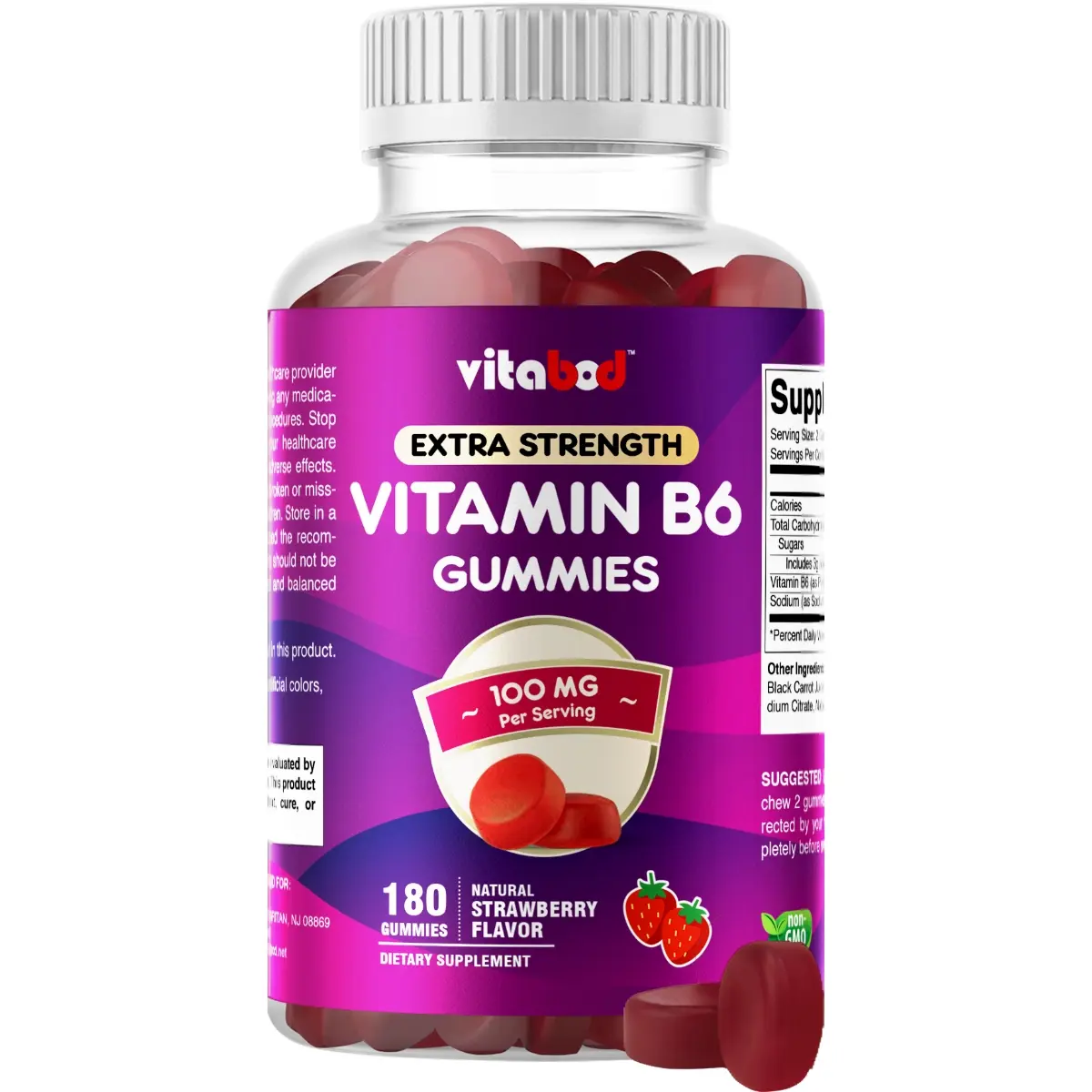 Vitabod Extra Strength Sugar-Free Sucralose-Free Natural Berry Raspberry Flavor Pectin-Based Jelly Gummy Vitamin B6 Supplement - 100mg, 180 Count - Adult Energy Boost, Brain Health, Metabolism Support - Non-GMO