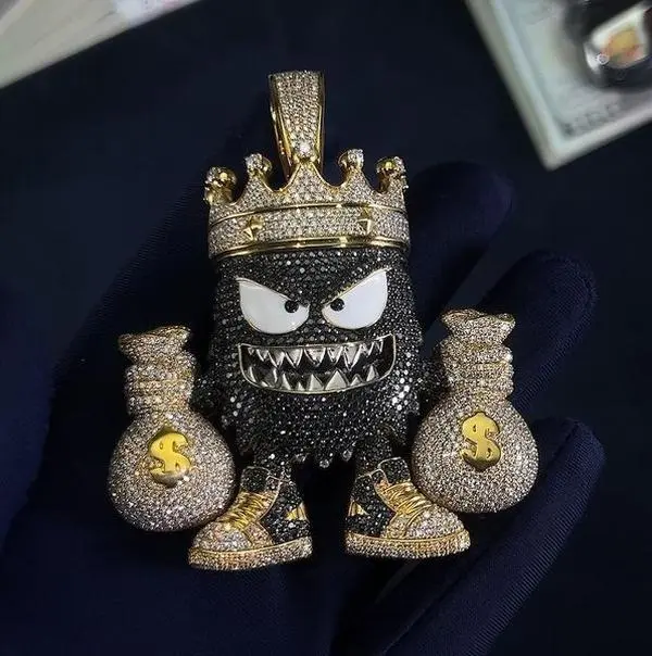 HELLOICE Iced Out Crown Little Monster Money Bag Pendant with 3mm Rope Chain