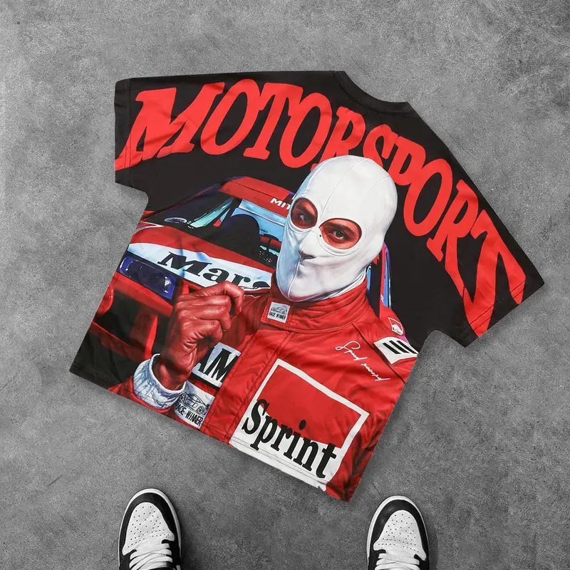 Men's Race Car & Letter Print Round Neck Crop Tee, Loose Casual Graphic Design Fashion Short Sleeve T-shirt for Daily Wear, Men's Casual Streetwear Top for All Seasons, Tropical, Graphic T Shirts