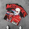 Men's Race Car & Letter Print Round Neck Crop Tee, Loose Casual Graphic Design Fashion Short Sleeve T-shirt for Daily Wear, Men's Casual Streetwear Top for All Seasons, Tropical, Graphic T Shirts
