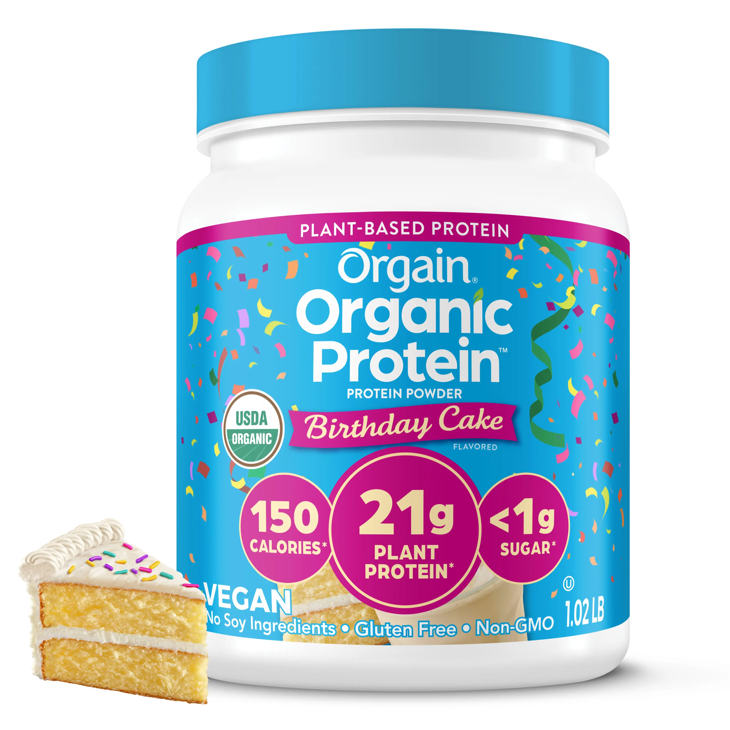 Orgain Organic Protein Plant Based Protein Powder - Birthday Cake Flavor, 21g Plant Protein, <1g Sugar, USDA Certified Organic, Edible Supplement for Fitness Endurance