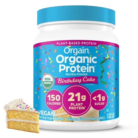 Orgain Organic Plant-Based Protein Powder Birthday Cake Flavoured Drink | 21g Protein, 7g Fiber, USDA Organic, Low Sugar