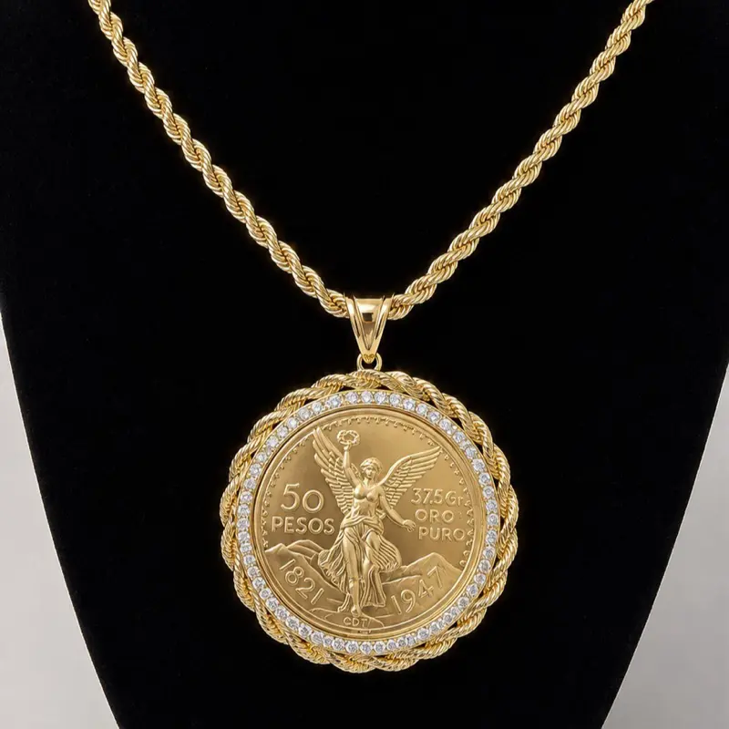 Men’s Luxury 14K Gold Plated 6mm x 22in Rope Chain with Centenario Pendant Jewelry
