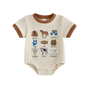 Baby Boy Summer Romper Western Cowboy Print Waffle Short Sleeve Crew Neck Bodysuit Infant Toddler Casual Clothes Outfit