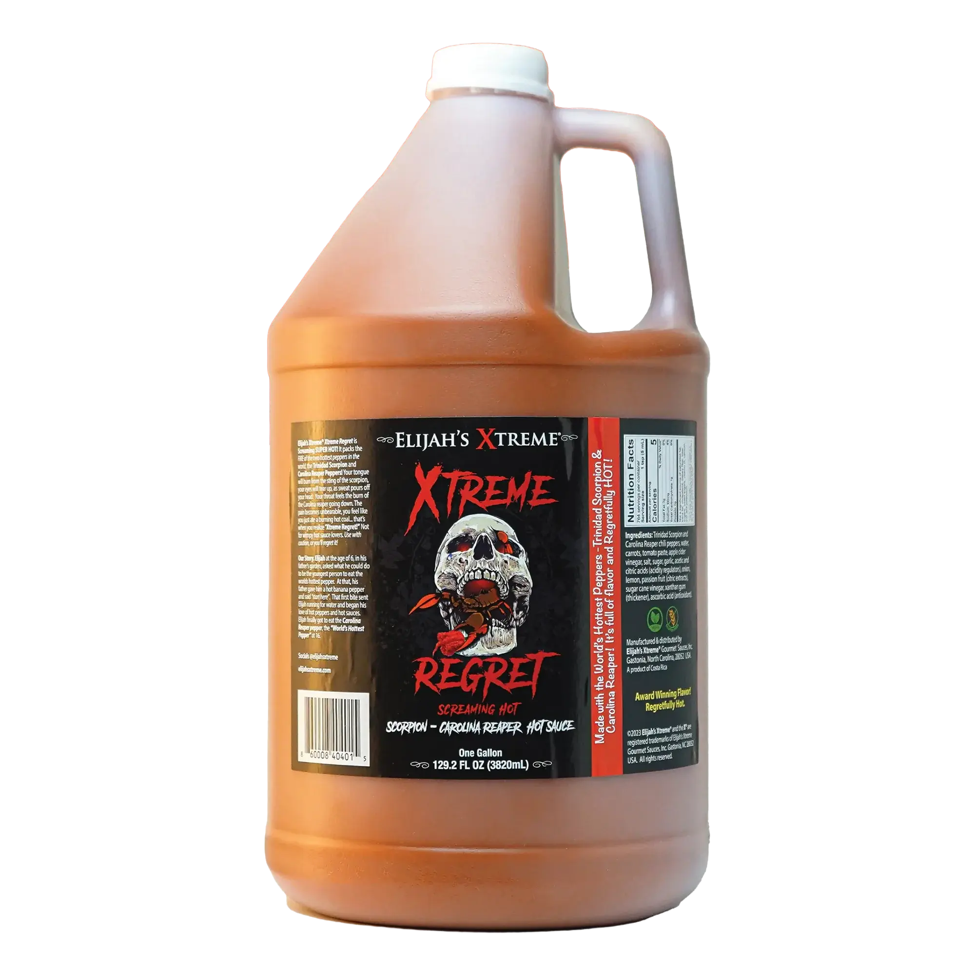 Elijah’s Xtreme Regret Hot Sauce - 800,000 SHU, Gallon 128 oz, Pepper-Forward with Garlic & Lemon, with Carolina Reaper & Trinidad Scorpion
