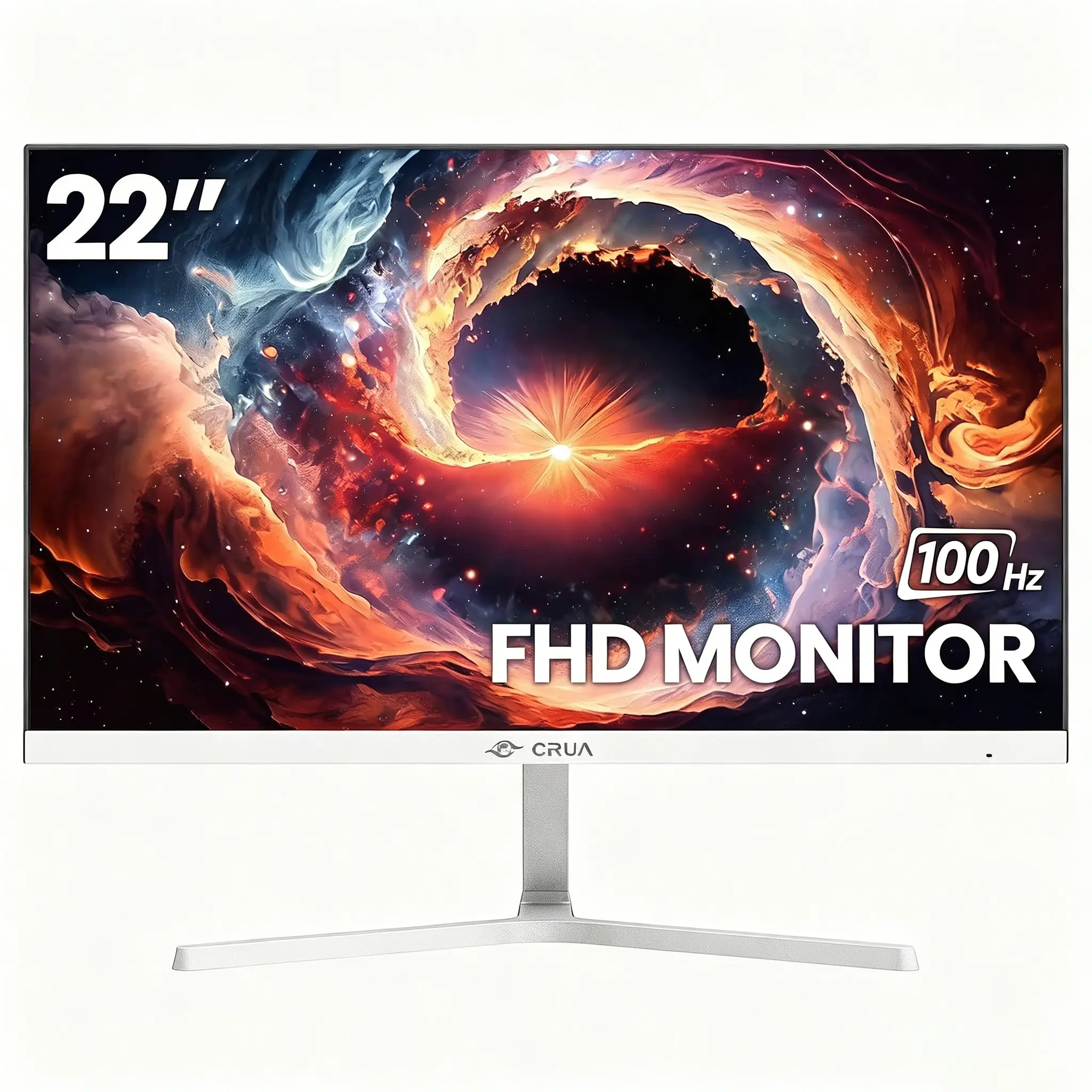 CRUA 22" FHD Computer Monitor, 1080P 100Hz, 120% sRGB, Low Blue Light, HDMI/VGA, Wall Mountable, White