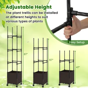 COSTWAY - 87 Inch Tall Raised Garden Bed with Plant Box Trellis and Lockable Wheels Adjustable Height