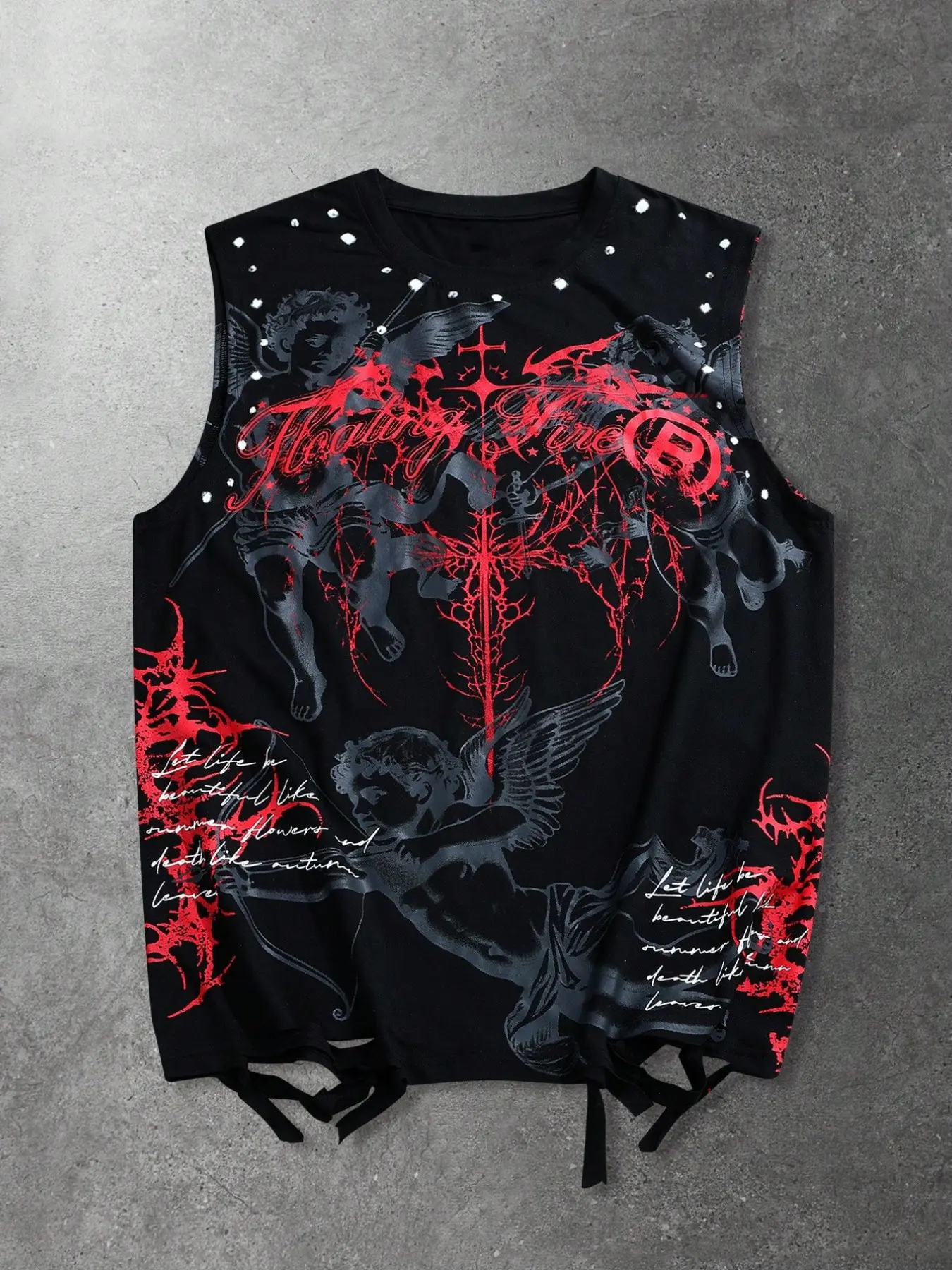 Men's Gothic Cross Angel Graphic Print Oversized Extreme Vest, Streetwear Style, Distressed Rhinestone Tie Back, Sleeveless Casual Jacket, Dark Aesthetic Fashion Top