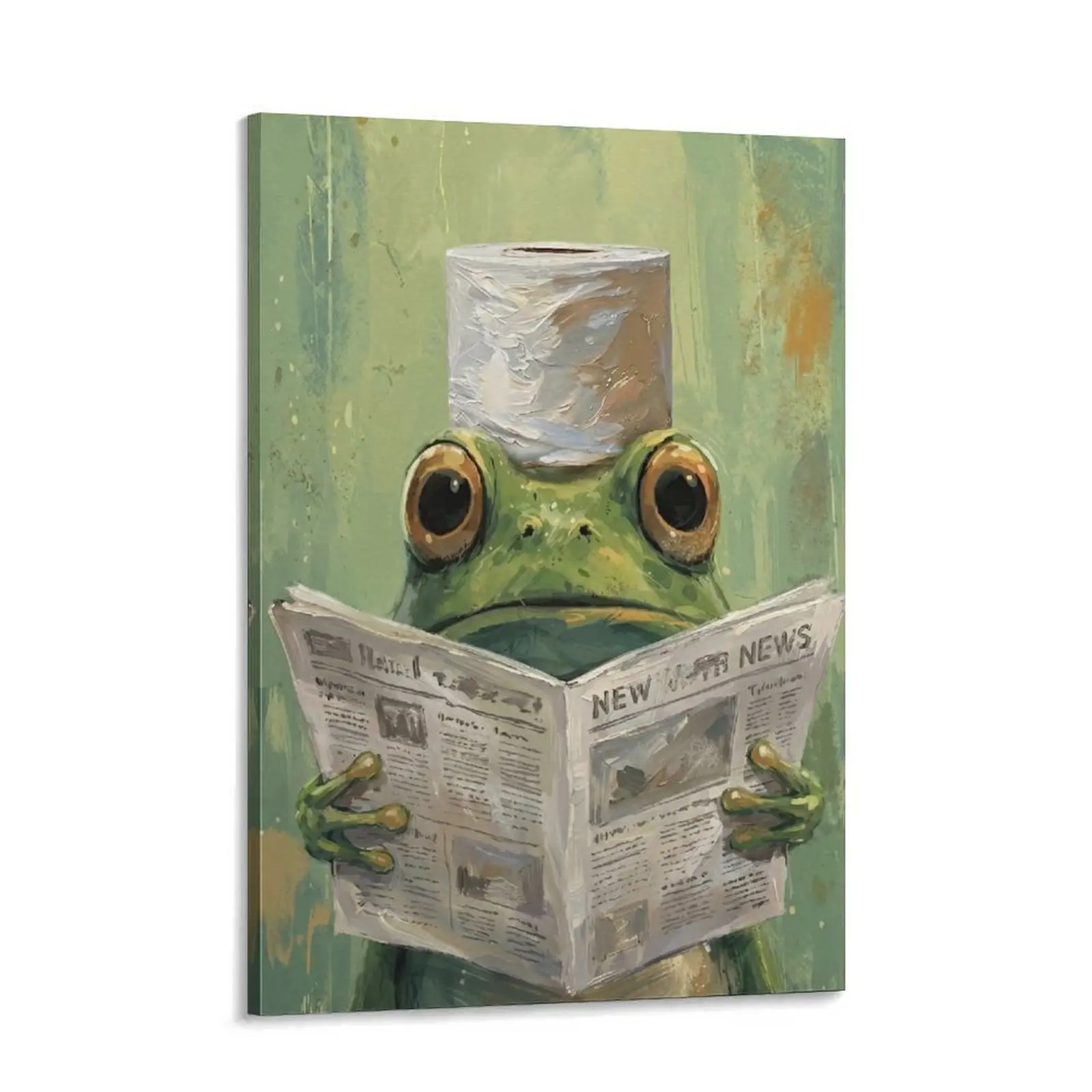 Funny Frog Reading Newspaper Canvas Wall Art - Quirky Bathroom Decor - Humorous Animal Poster for Toilet & Washroom wall decor religious print Decoration Artistic