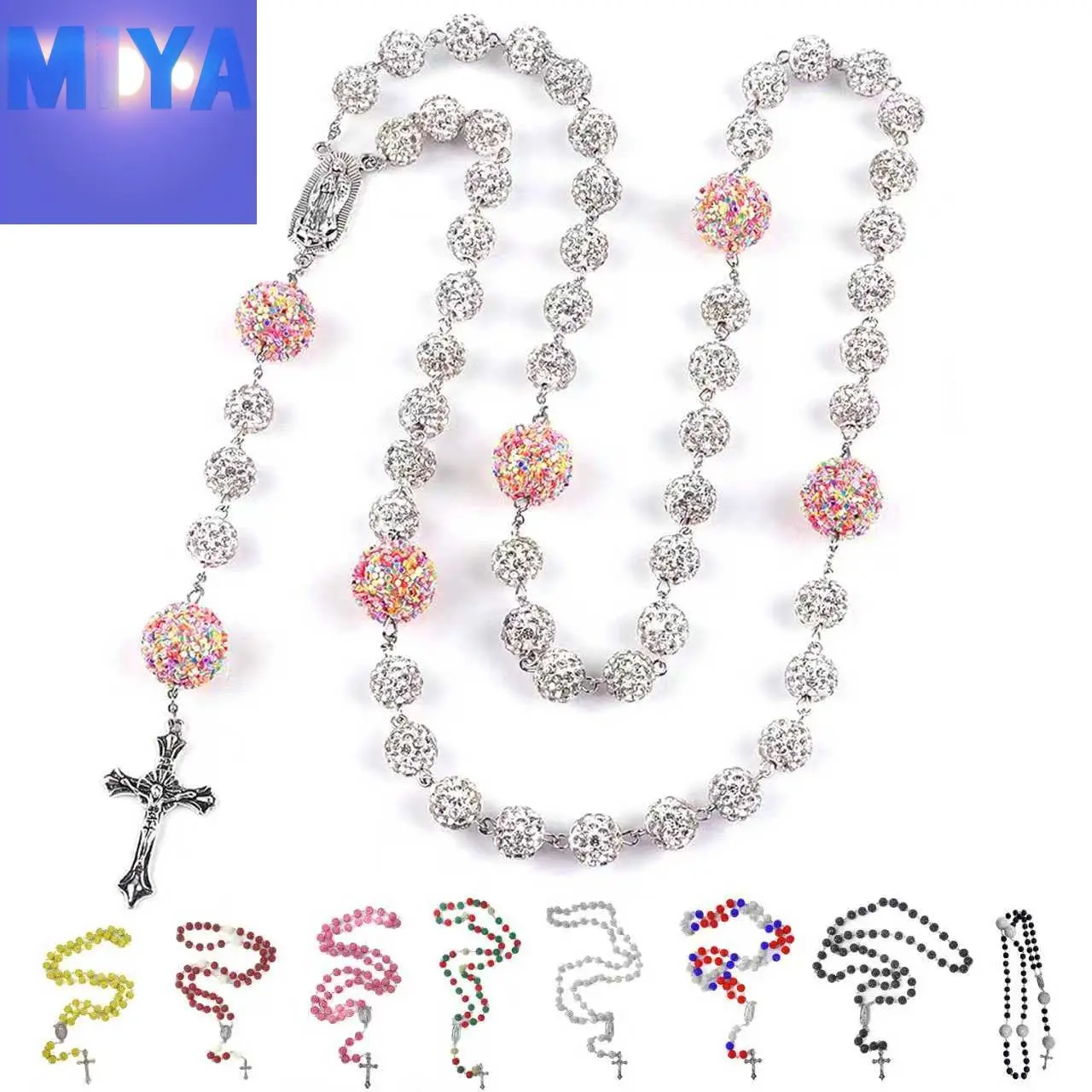 Vibrant Multicolor Rosary Crucifix Necklace for Women, Religious PU Leather Jewelry Accessory with Pendant, Christmas Easter Gift, Cross Necklaces, Same Day Shipping