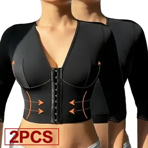 2PCS Women Adjustable V-Neck 3/4 Sleeve Body Shaper, Front Closure Hook Compression Top, Arm Shaping Shapewear Bra