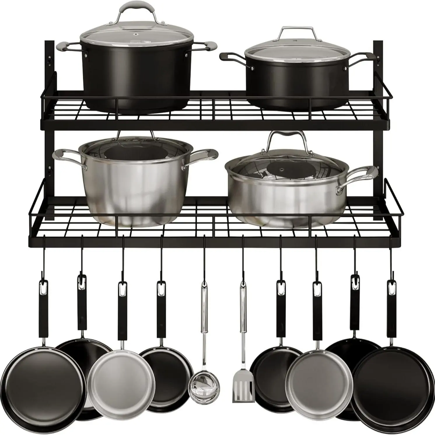 Black Metal 1/2-Tier Hangable Wall-Mounted Pot and Pan Hanger Rack with 8 Hooks - Pan Organizer, Sturdy Space-Saving Farmhouse Home Organizer, 2 DIY Methods, 2024 Cookware Utensils Storage, 25kg Capacity, Coffee Shop & Home Use, Birthday Gift Idea, Coffee