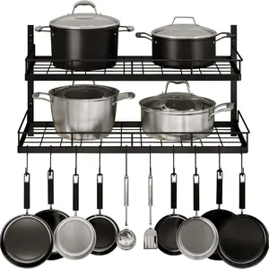 1/2 tiers Pot and Pan Hanger, Wall Mounted Pots and Pan Hanging Rack with 8 Hooks for Kitchen Cookware Utensils 2 DIY Methods Black Steel Hanging Pot Rack, storage holders & racks,Birthday Gift Ideas Election,Farmhouse Summer 2024 Organiser Hangable