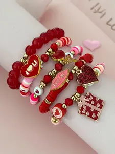 Valentine's Day Handmade Soft Clay Bracelet Set, Elastic Beaded Heart Pendant Jewelry Gift, Perfect for Couples & Romantic Gifts, Trendy Jewellery Accessories