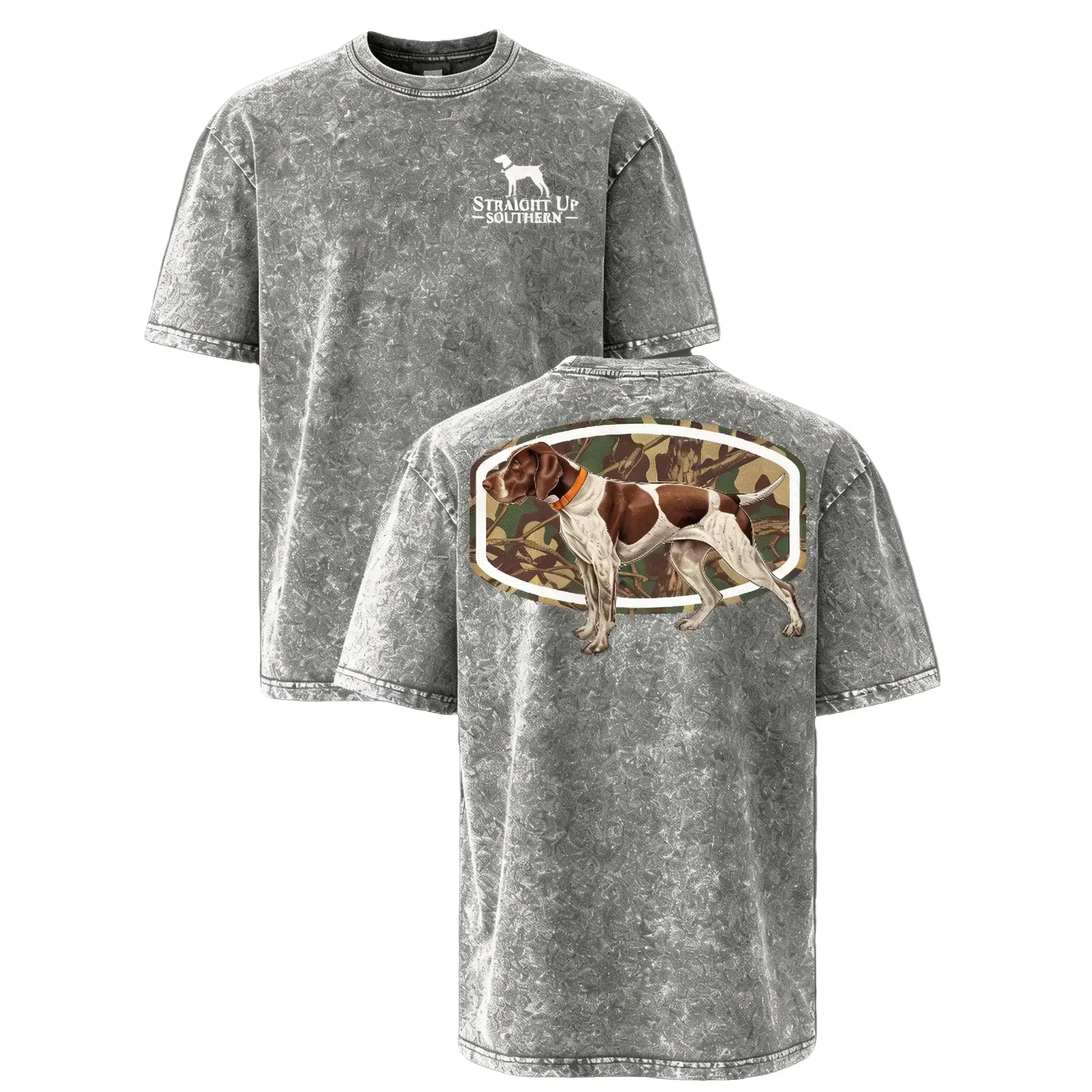 Men's Short-Sleeve Round Neck Distressed Vintage Washed Camo Bird Hunting Dog Graphic Top, Outdoor Casual Sports Clothing, Gift for Southern Outdoors & Pointer Dog Lovers