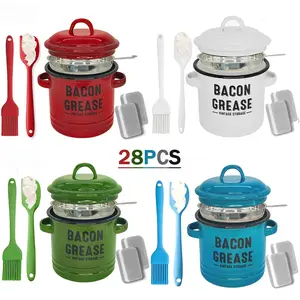 28PCS Bacon Grease Container Set - Large Enamel Rustic Farmhouse Fat Keeper with Fine Mesh Strainer, Silicone Spatula, Filtration Basket, Kitchen Utensils, Festive Holiday Gift