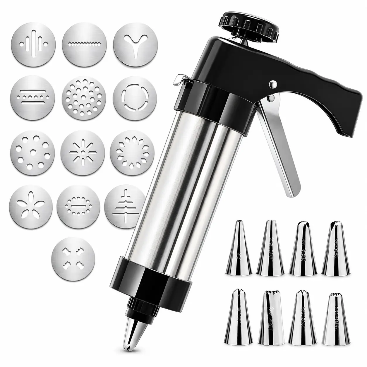 Stainless Steel Cookie Press Gun Kit | 13 Cookie Discs & 8 Piping Tips | Multifunctional Churro Maker Biscuit Press for DIY Cake Decorating Home Baking Supplies