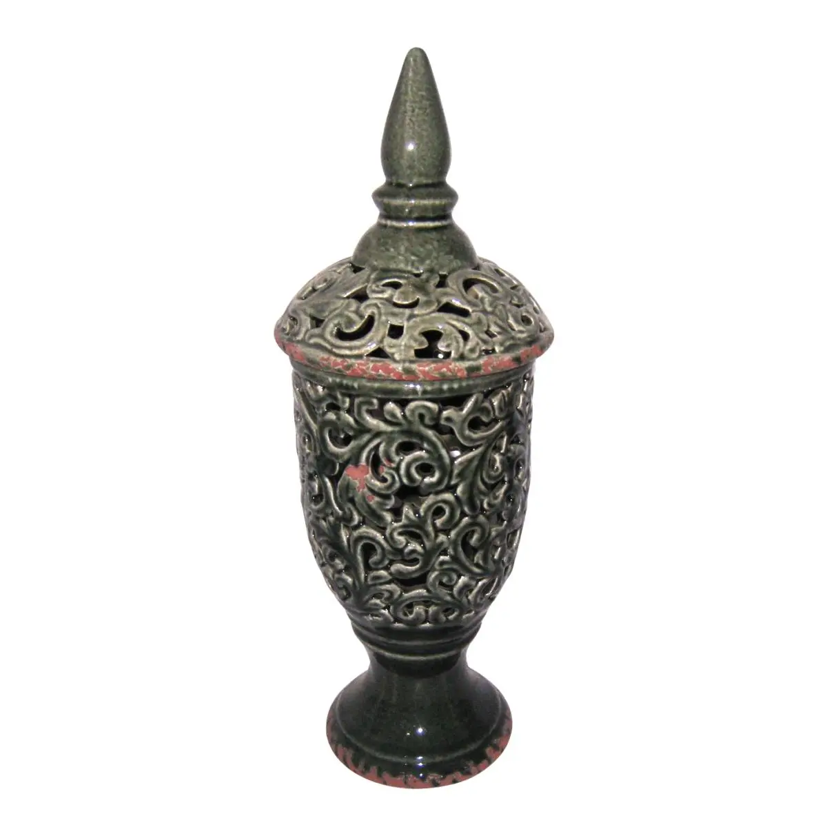 Jeco HD-HADJ062S 17 in. Green Pierced Lidded Jar - Home Decor Vase & Filler Accessory