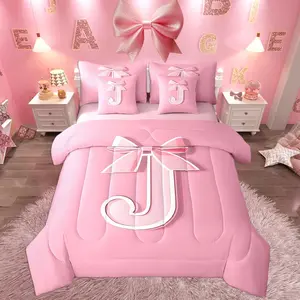 Pink Bowknot Bed Set,,Decor Personalized Teen Girl Gifts Ultra Soft Initial Letter J 7 Pieces Beeding Set,Girly Romantic Bed in a Bag with Comforter,Sheets,Pillowcases
