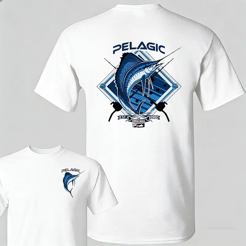 100% Cotton Pelagic Original Marlin Fishing Graphic T-Shirt - Ocean Sport Marine Style Streetwear Top for Men - All Seasons Tshirt, Cold Wash Compatible, Crew Neck