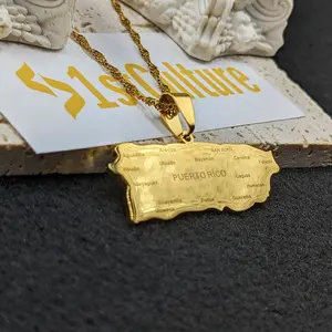 Puerto Rico Flag Necklace With City Map / Gold Plated For Men And Women