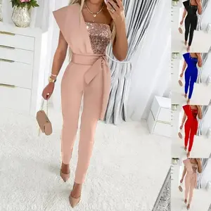 Cross-border European and American foreign trade printed jumpsuit solid color sleeveless belt decorated jumpsuit slim fit stitching sequins women's clothing