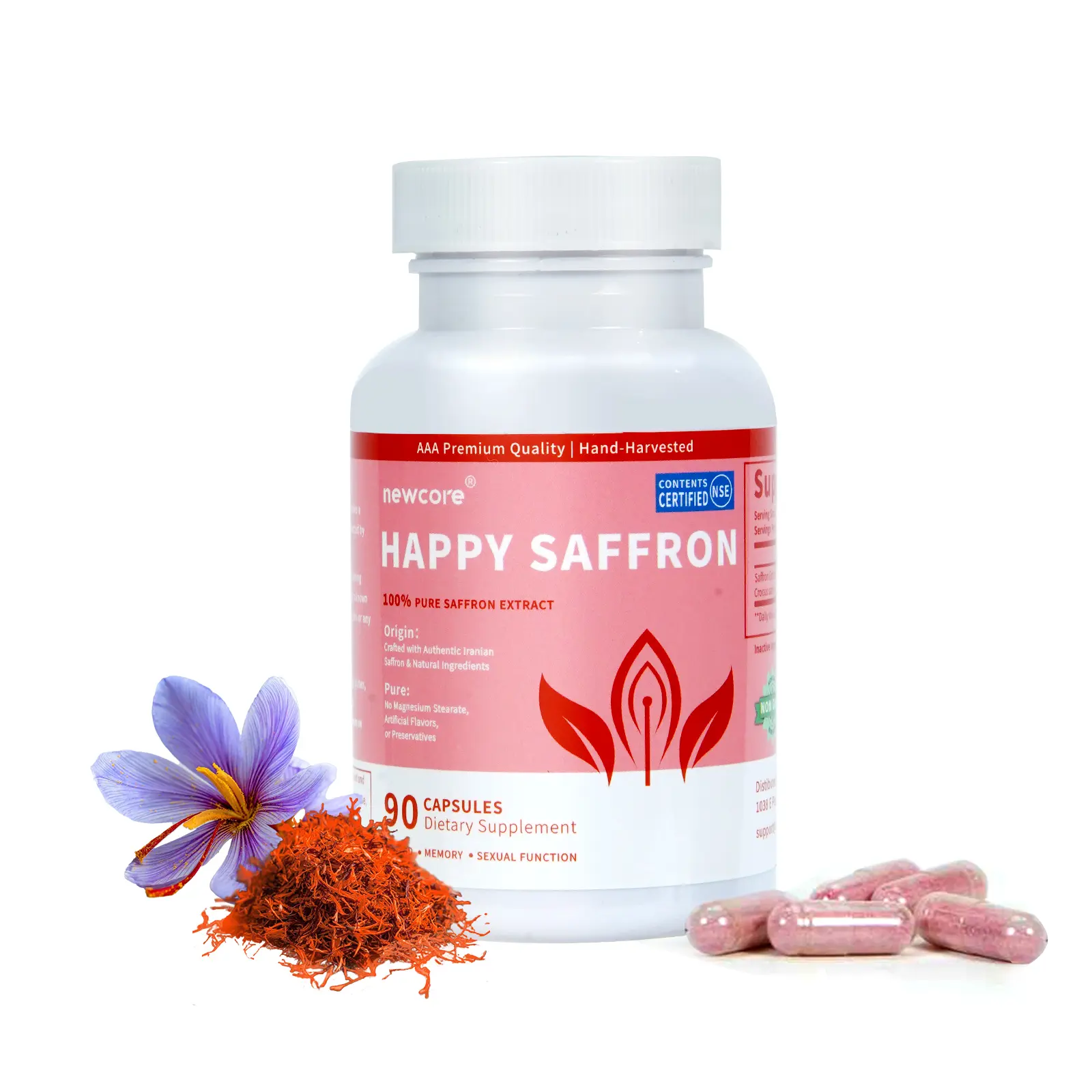 Newcore Happy Saffron - #1 Formula for a Healthier Happier You 90 Capsules Gluten-Free Dairy-Free Eggs-Free Premium Quality Hand-Harvested Saffron Extract