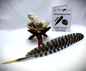 Sacred Authentic XL Barred Turkey Feather Smudge Kit with Sage Abalone Shell and Stand Hand Crafted Ritual