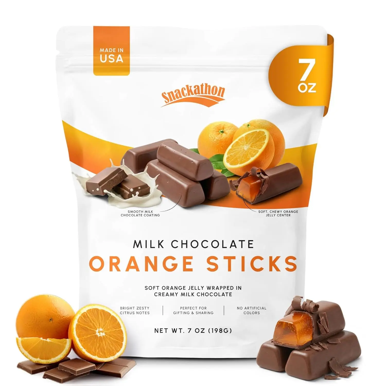 Snackathon Milk Chocolate Orange Sticks, Resealable Bag, Soft Chewy Orange Jelly Centers Covered in Creamy Milk Chocolate, Gourmet Chocolate Candy For Gifting & Holidays, Made in USA