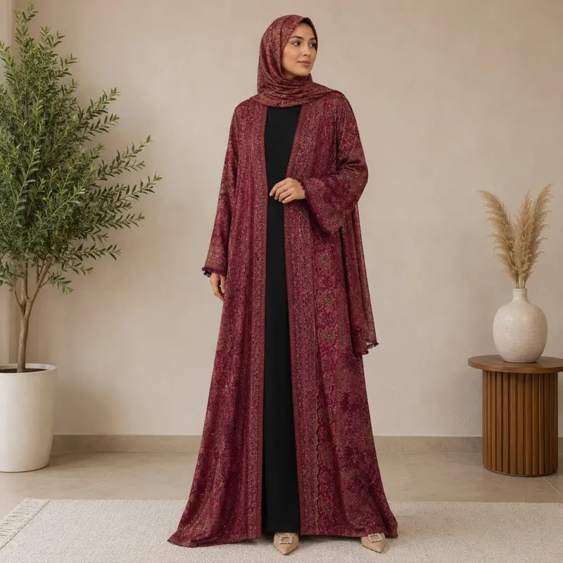 Elegant Pashmina Abaya with Rich Paisley Design and Delicate Detailing Comes with Matching Scarf for a Complete Look