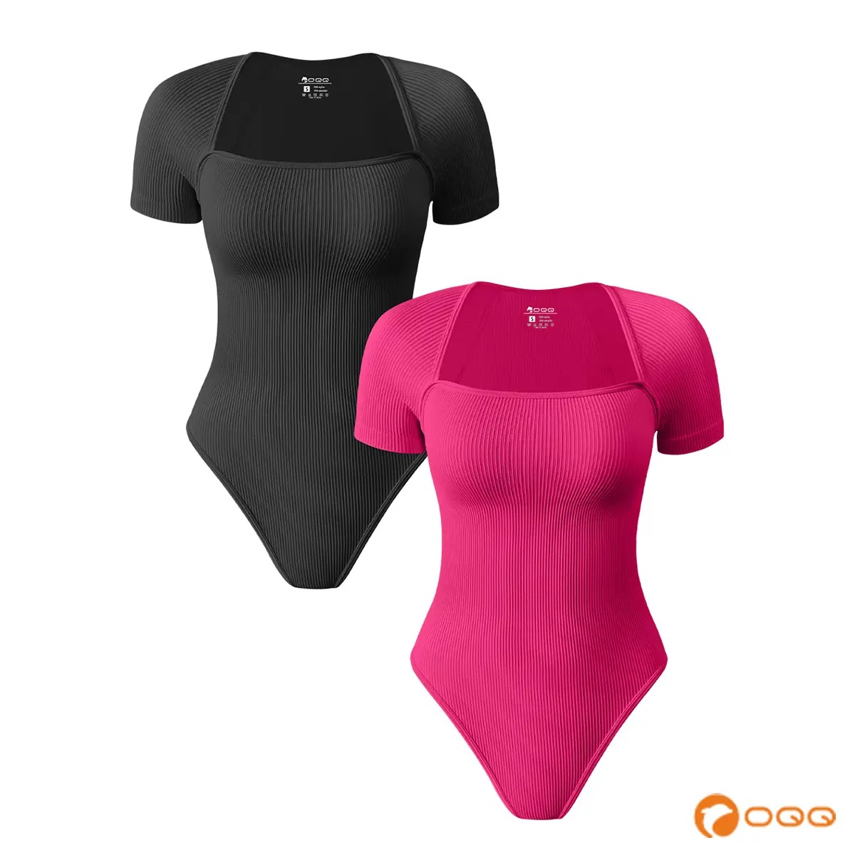 OQQ Women's 2 Piece Square Neck Shortsleeve Slim-fitting Tops Comfort Stretchy Basic Seamless Bodysuits Womenswear Underwear Lady Minimalist