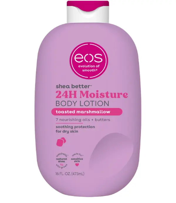 eos Shea Better Body Lotion Toasted Marshmallow, 24-Hour Moisture Skin Care, Lightweight & Non-Greasy, Natural Shea Butter, Vegan, Moisturizing Body Lotion for Dry Skin, 16 fl oz