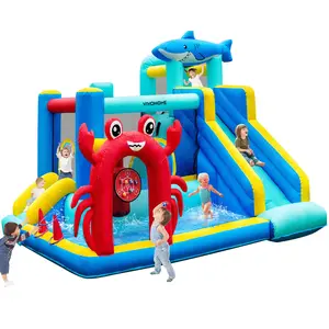 VIVOHOME Bounce House for Kids, Jumping Inflatable Bouncy Castle with Slide, Sea Theme Inflatable Bouncy Castle with Slide, Inflated Bouncer for Outdoor with Blower, Basketball, Climb, Jump Area, Ball, Water Pool, Hoop