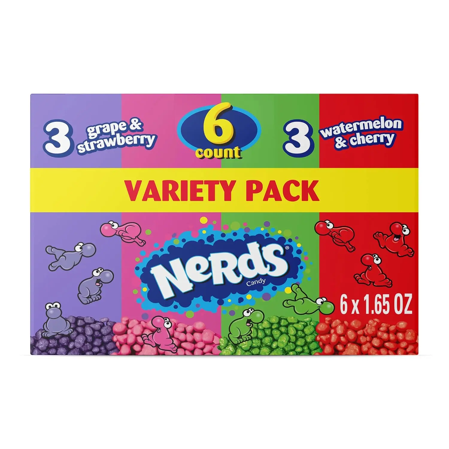 NERDS Dual-Chamber Assorted Flavors Fruity Sweets Variety Pack - Grape-Strawberry, Watermelon-Cherry - 9.9 oz, Pack of 6