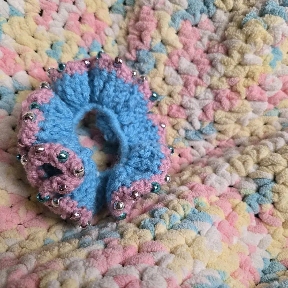 beaded cotton candy crochet ruffle scrunchy