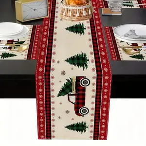 Christmas Truck Linen Table Runner Set, 5-Piece/7-Piece Holiday Decor, Plaid Car Tree Snowflake Design, Ideal for Dining Tables & Kitchen Use